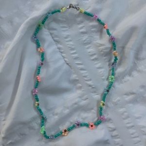 Blue Beaded Flower Necklace